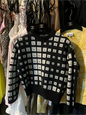 ACNE STUDIOS black & White Geometric Knit Sweater size XXS 🤖🤖🤖🤖